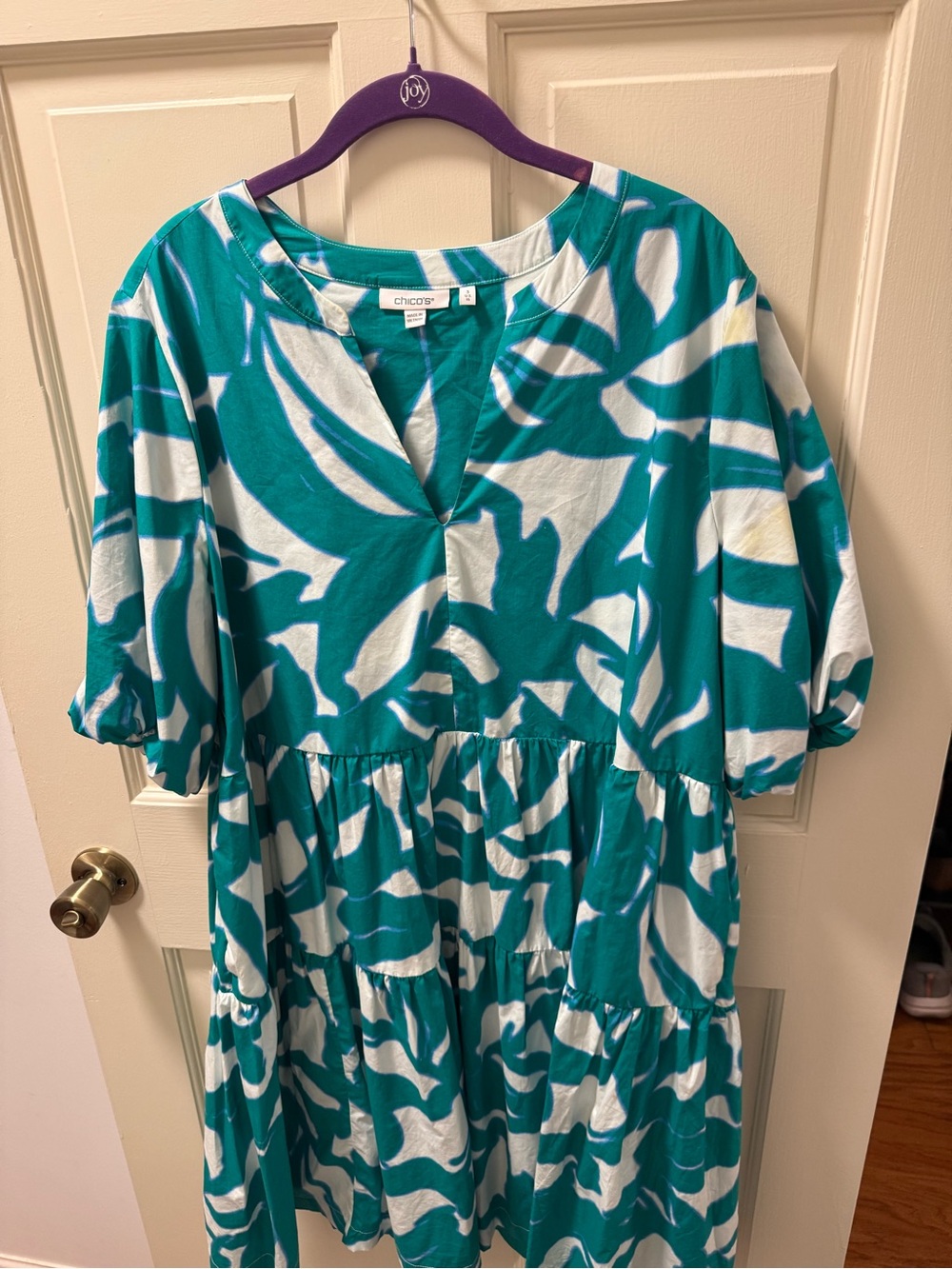 Chico's Teal and White Abstract V-Neck Dress